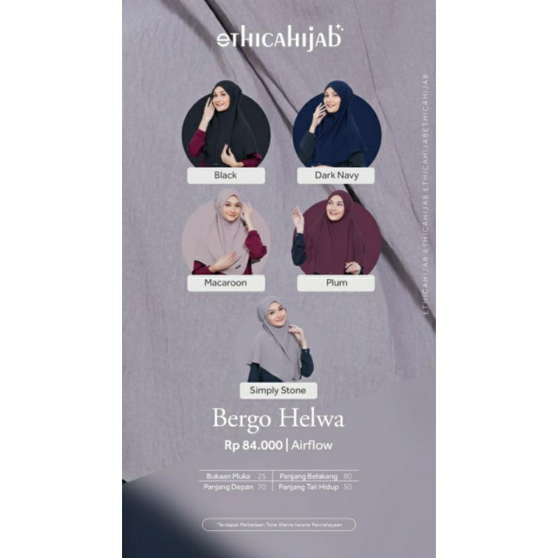 Ethica Hijab Kerudung Bergo Helwa (Black, Dark Navy, Macaroon, Plum, Simply Stone)