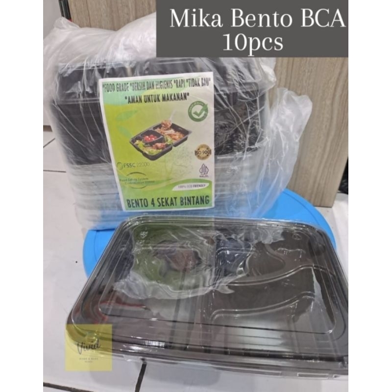Kotak Mika Bento Hitam BCA 10 PCS - Bento Sekat 4 - Kotak Tray Nasi - isi 10pcs