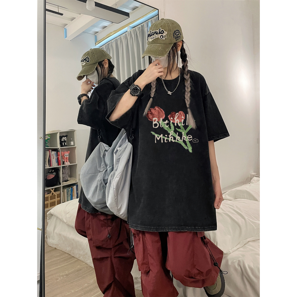 Kaos Couple Baju Kaos Lengan Pendek Wanita Flower Oversize T-shirt Hitam Washed