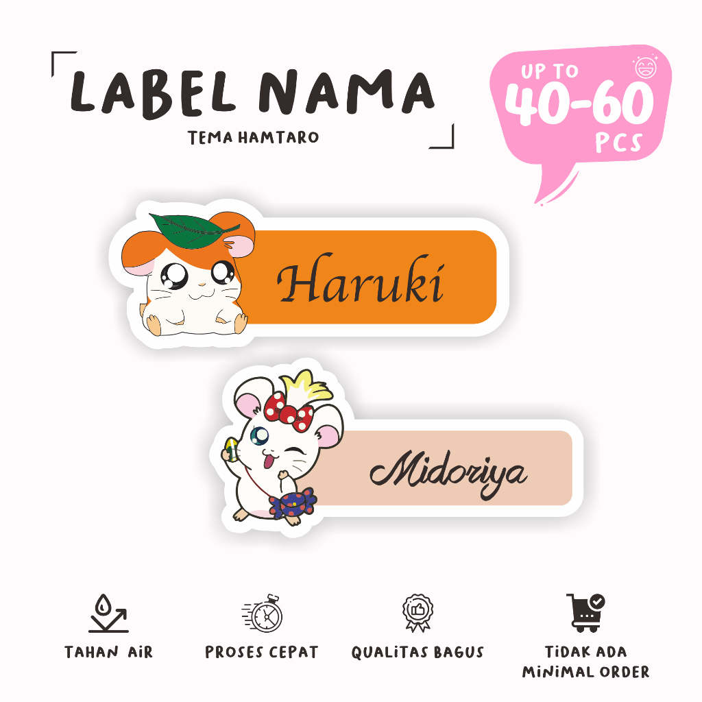

(40 - 60 pcs)stiker label custom nama HAMTARO\stiker lucu murah/anti air/waterproff stiker/stiker kartun tv lucu/stiker nama kartun