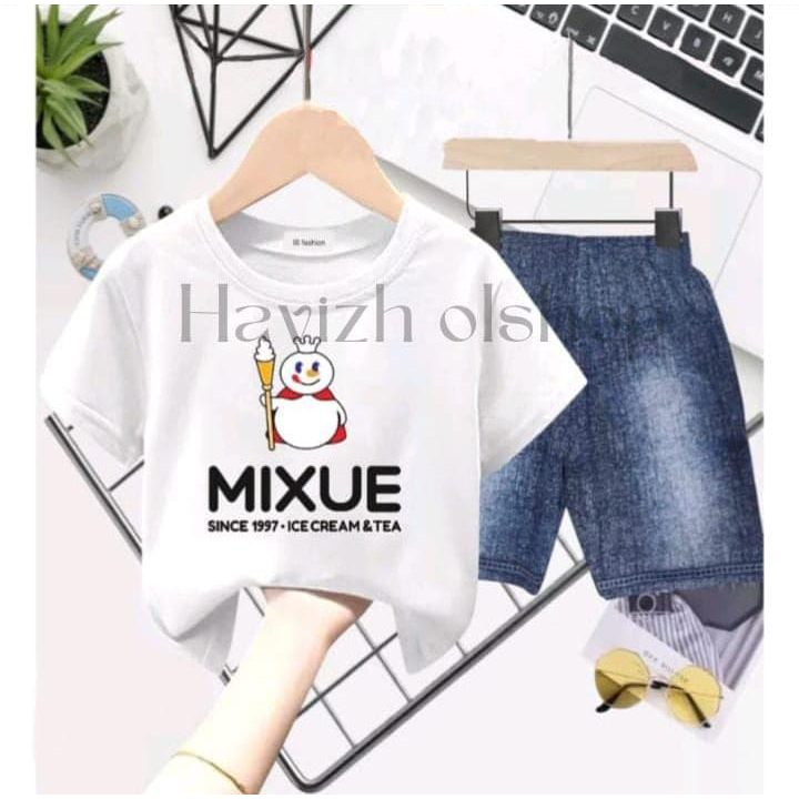 Setelan Kaos Plus Jeans Oneset Motif Mixue Anak 1-12 Tahun