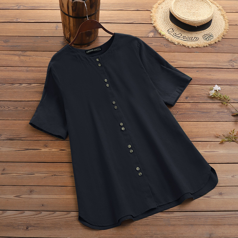 ZANZEA Women Short Sleeved Button Down Front O-Neck Solid Color Blouse