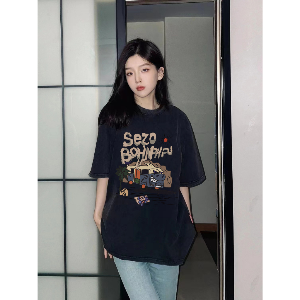 EUNII T-shirt Lengan Pendek Black Washed SEZO Desert Car Printing Korean Style/Kaos Atasan Wanita/Baju Wanita/Kaos Wanita