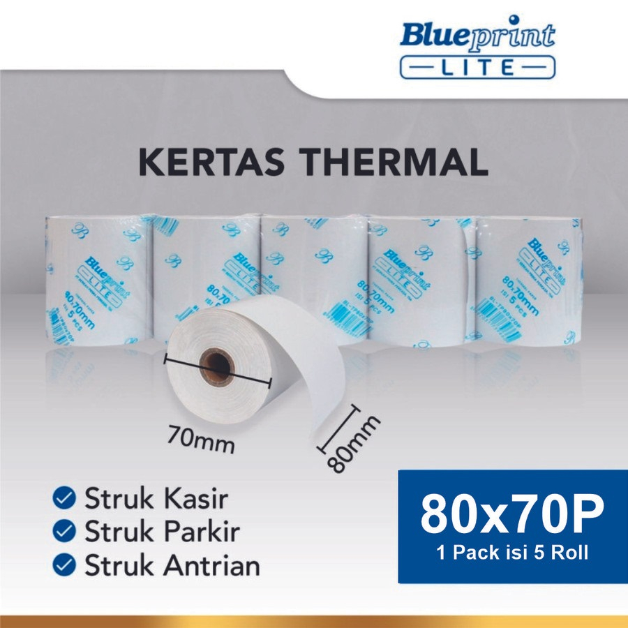 Paket isi 5 Paper Thermal 80mm Blueprint Lite Kertas Struk 80x70 Faktur Nota Tiket Antrian Karcis Parkir PPOB