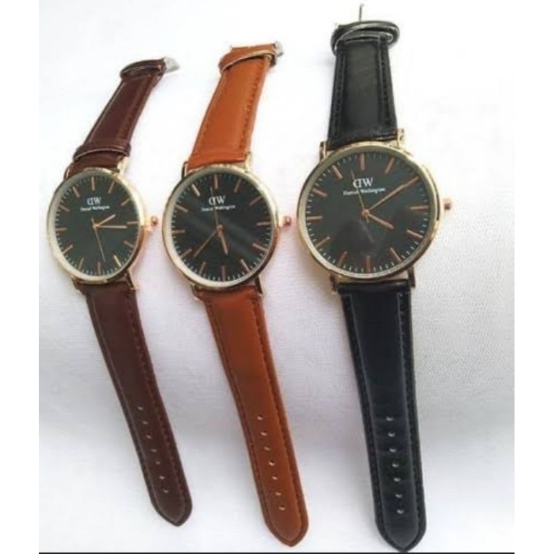 Jam tangan dw pria wanita tali kulit gratis batre cadangan