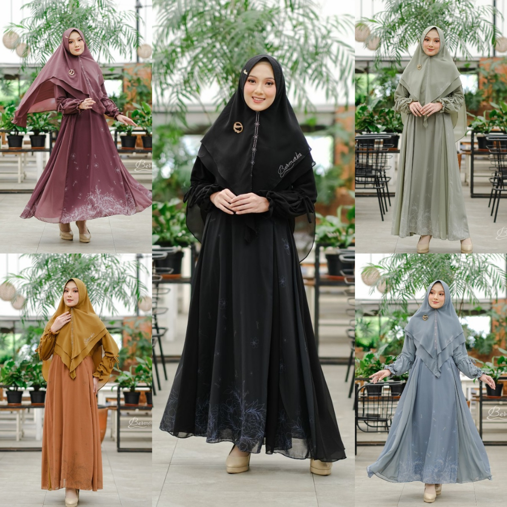 Gamis set Khimar ceruty babydoll Faiza Aisyah Cindi Latina Kinanti Tamara PUTRI ORI bermerks syari polos combi motif pinggiran dress wanita terbaru masa kini update hits