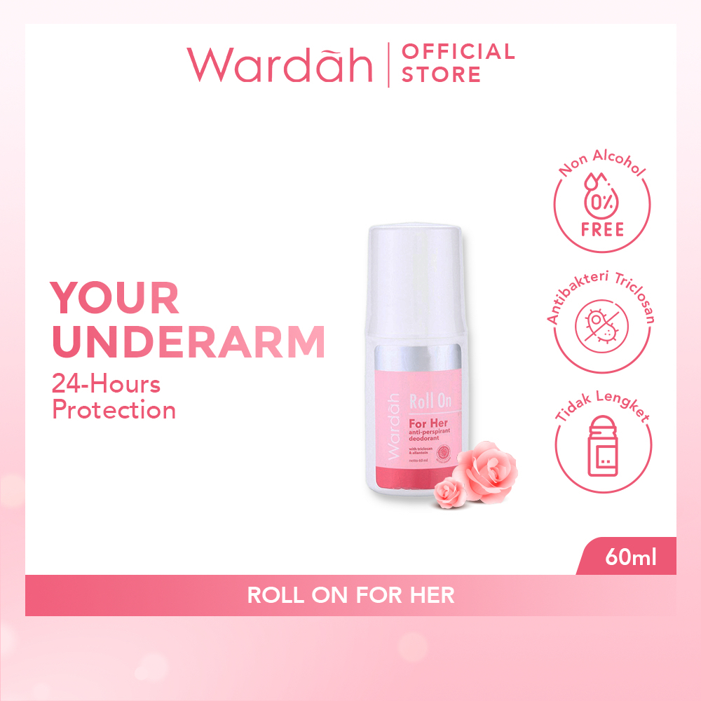 WARDAH Roll On For Her Indonesia / Deodoran 60ml / Anti Perspirant Deodorant / With Triclosan &amp; Allantoin / Deo / Non Alcohol Anti Bakteri / Tidak Lengket Pewangi Wangi Harum Segar Mencegah Bau / Skincare Body Care / Treatment Perawatan Kulit Tubuh Series