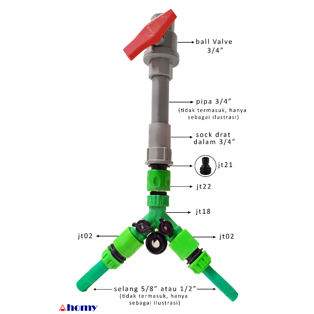 sambungan konektor pipa 3/4” cabang 2 stopper ke selang 1/2” 5/8” quick release