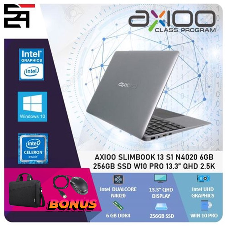 AXIOO SLIMBOOK 13 S1 INTEL N4020 RAM 6GB 256ssd 13.3 Inchi QHD WINDOWS 10 PRO