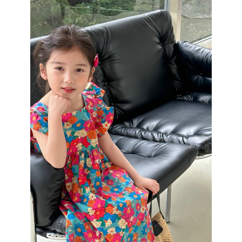 Little Moly Dress Midi Green Floral Colors Tanpa Lengan Anak Korea Style Premium Import SD082