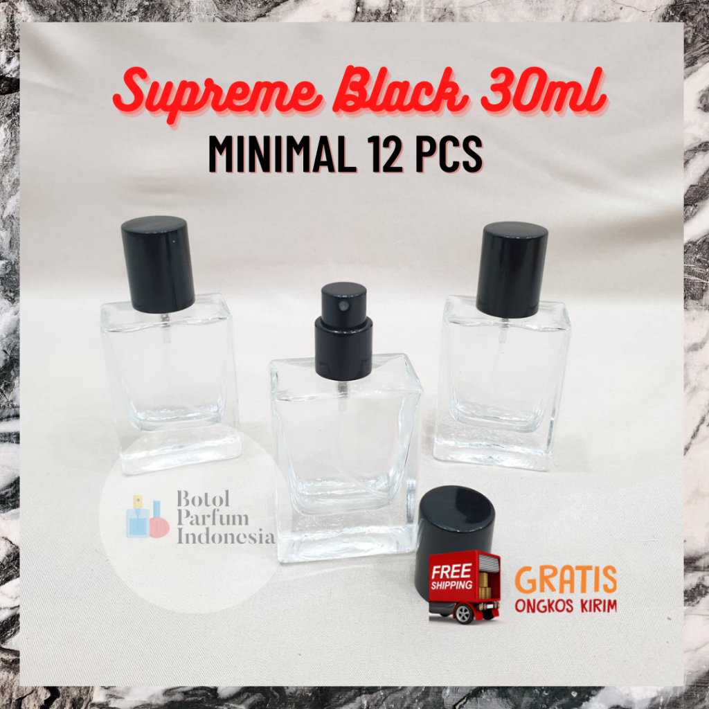 BOTOL PARFUM SUPREME BLACK 30ML DRAT PUTAR - BOTOL PARFUM KOSONG SUPREME - BOTOL PARFUM KACA 30ML
