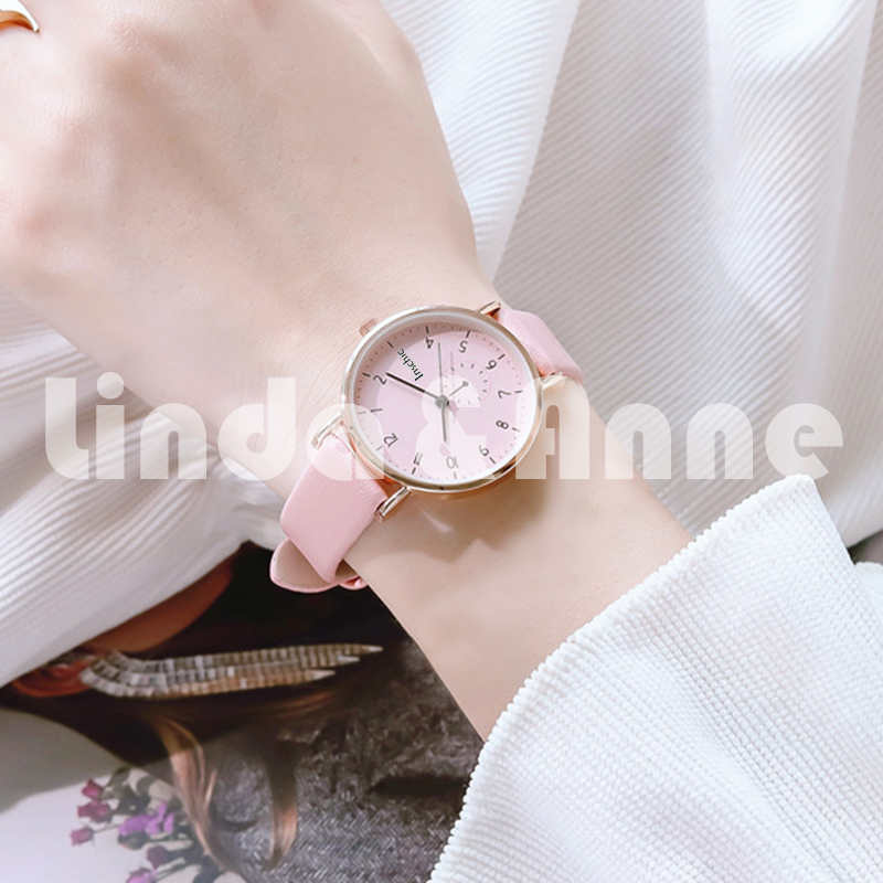 Jam Tangan Analog Untuk Wanita Strap PU Dial Bulat Casual Simple Fashion Import