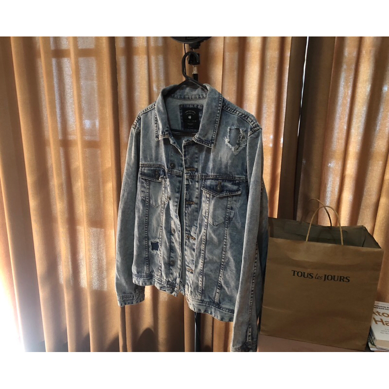 ZARA Man Ripped Distressed Denim Jacket Blue Washed Original - Jaket Jeans Zara Second Preloved
