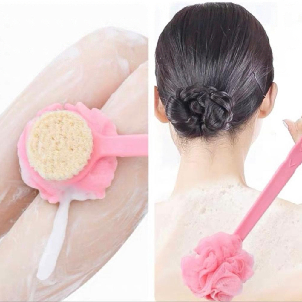 Shower Puff + Sikat Gosok Punggung Gagang Panjang Spons Mandi 2 Sisi / Sikat Punggung Shower Puff Mandi 2 In 1