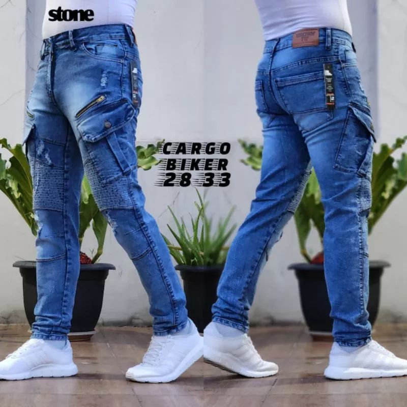 Celana biker Cargo pria jeans panjang / celana panjang jeans pria Cargo denim biker