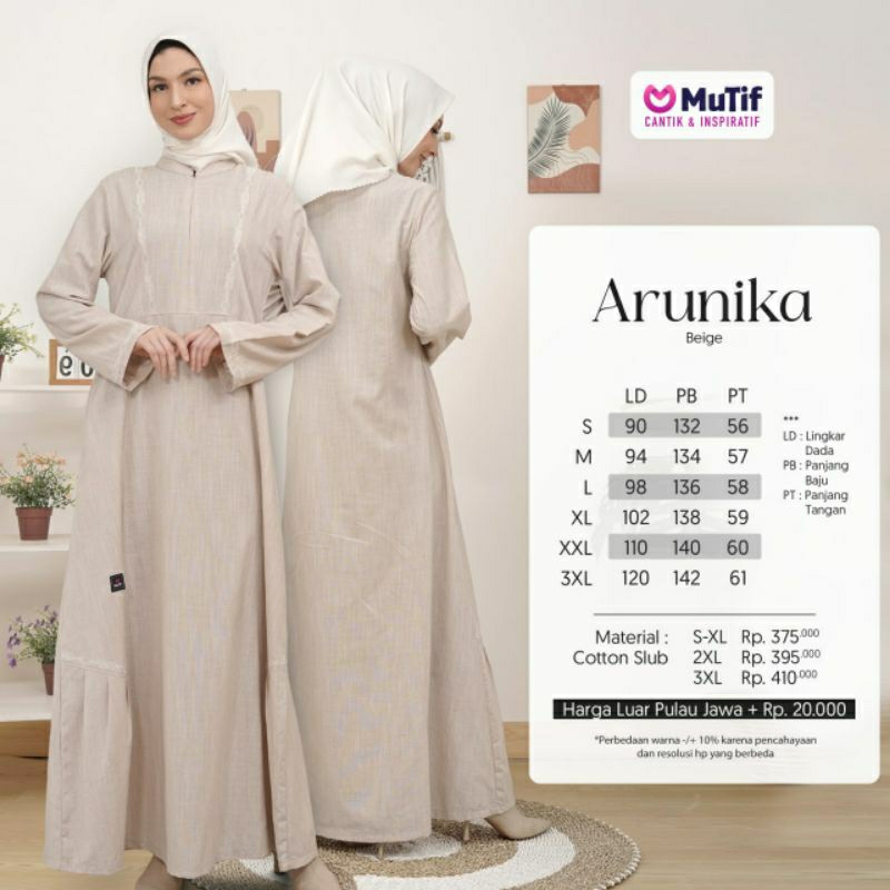 Mutif Arunika Beige Baju Muslim Gamis Dress Casual Premium Terbaru Ori Lebaran 2023 Sarimbit