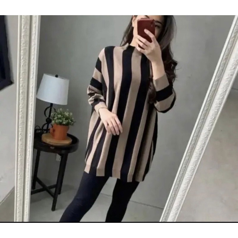 Atasan Rajut Salur Lengan Panjang