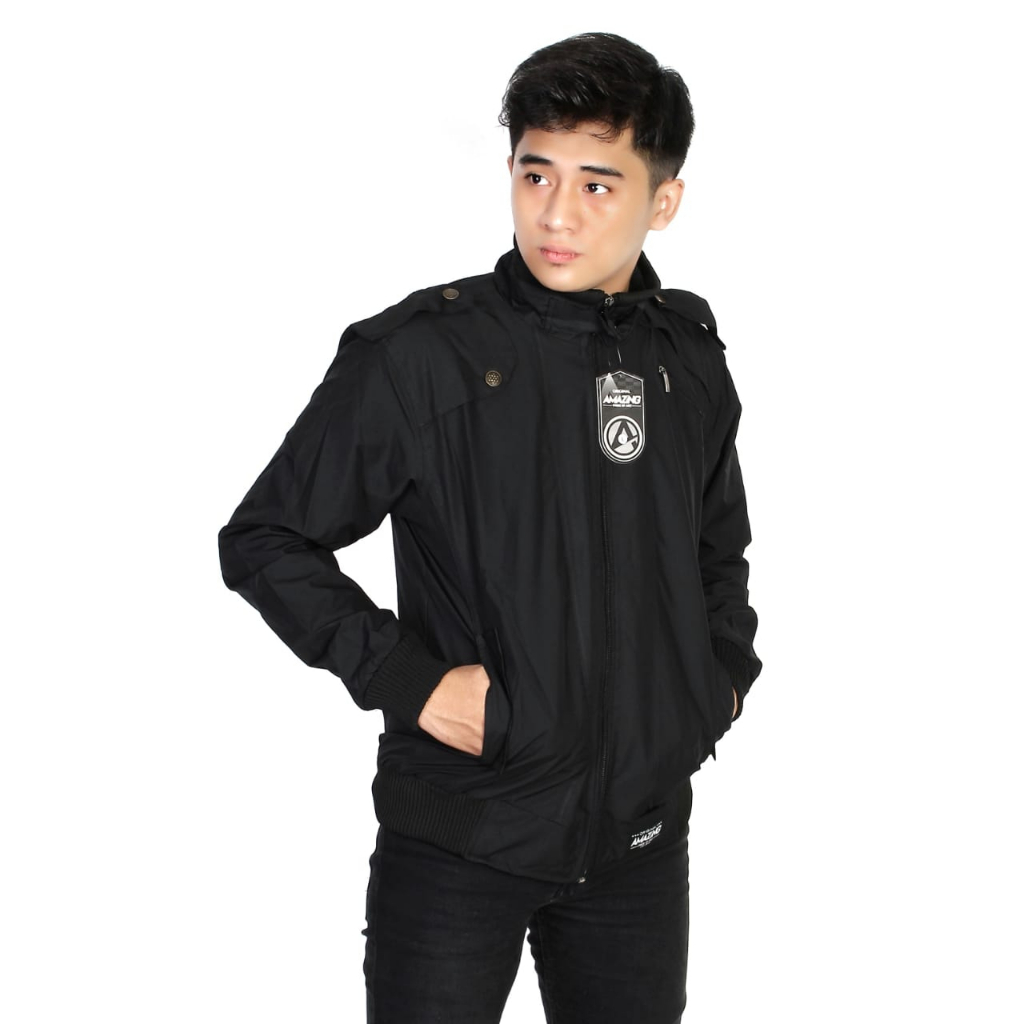 Justrue Jaket Parasut Pria Polos Waterproof Hitam