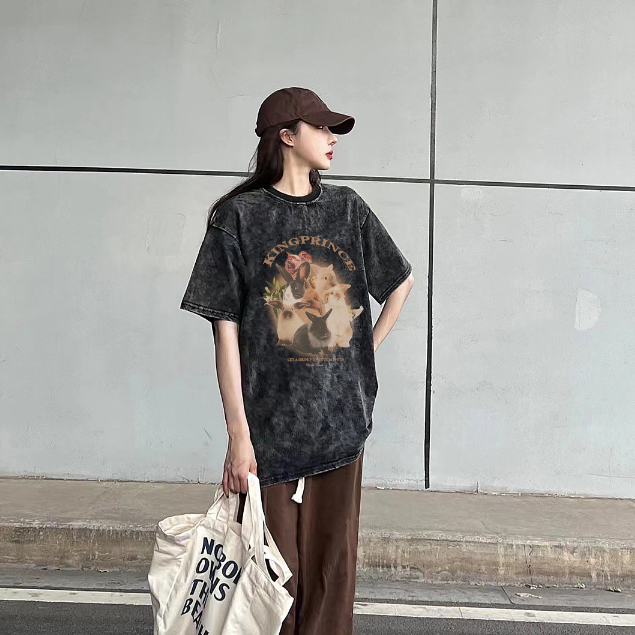 Vintage T-shirt Hitam Washed Oversize Kaos Lengan Pendek Rabbit Baju Wanita Korean Style