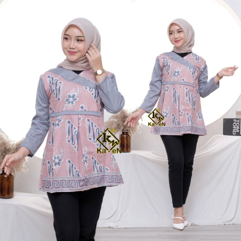 Atasan Batik Wanita Kombinasi Moscrap mix Tille Lengan 3/8 Resleting Belakang