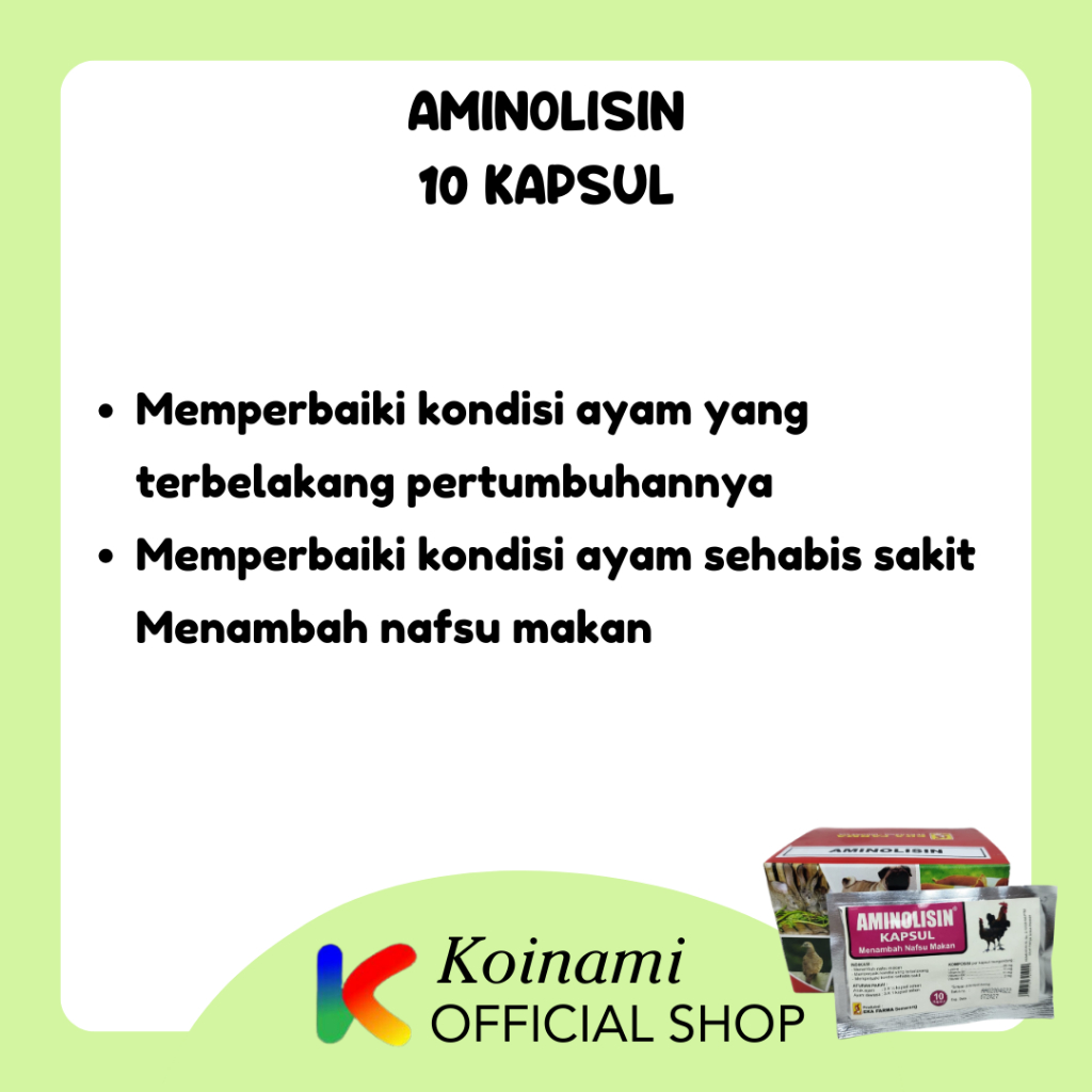 AMINOLISIN 10 KAPSUL / Menambah Nafsu Makan Ayam /Memulihkan Stamina Ayam / Eka Farma