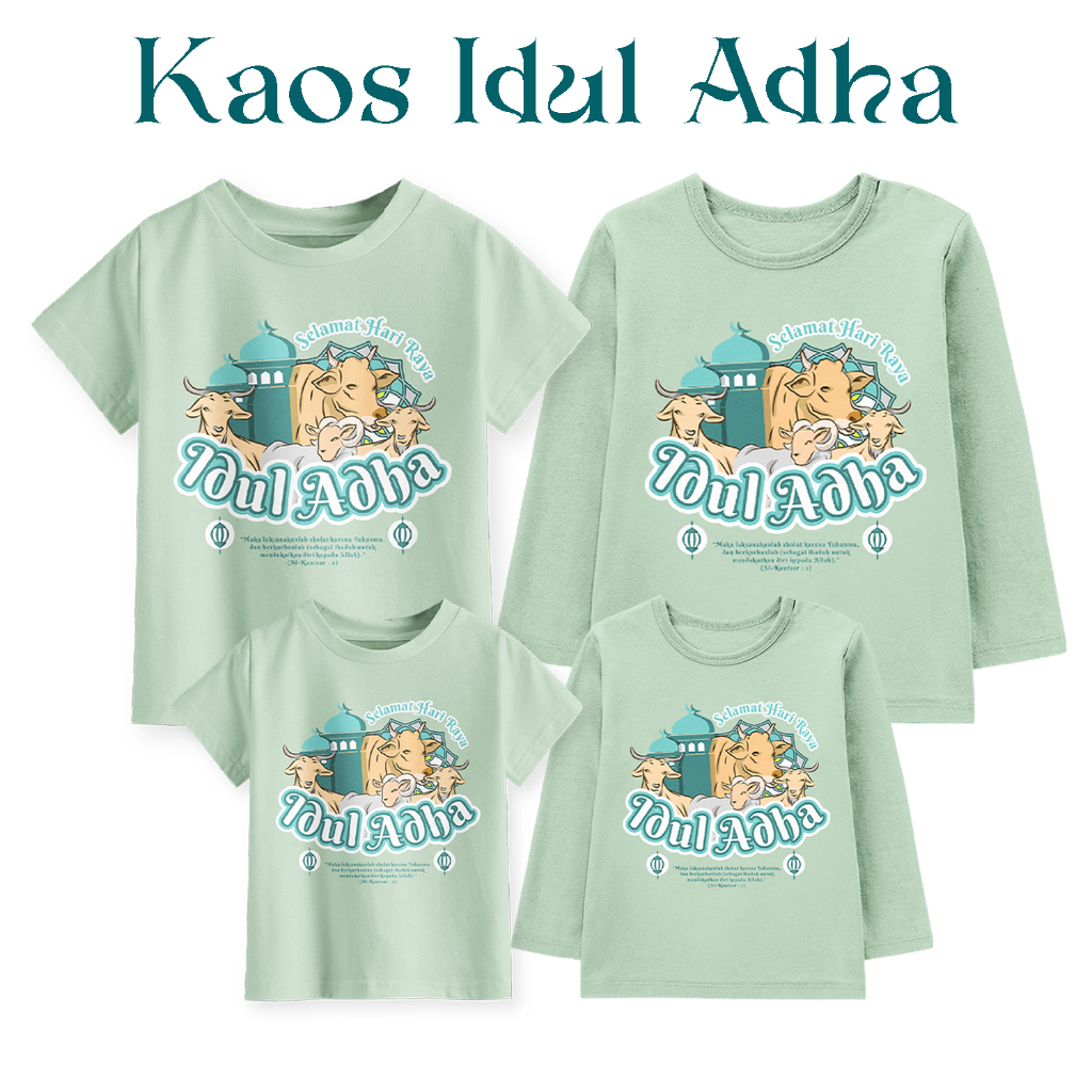 Kaos Couple Family Idul Adha Warna Hijau Mint Untuk Anak dan Dewasa Lengan Panjang Pendek