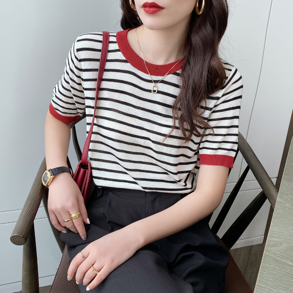 ATASAN RAJUT WANITA STRIPE KAOS RAJUT WANITA ATASAN SALUR GARIS GARIS