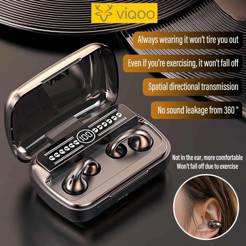 【COD】Viqoo Bone Conduction Olahraga Ear Clip Bluetooth Earphone  full Bass AIR80 Nirkabel Earphone Bluetooth 5.3 Earbud Tahan Air Dengan Mikrofon Panggilan Telepon Tahan LED Power Display - T78