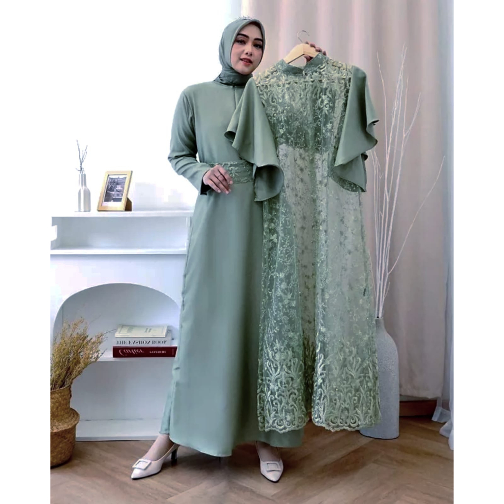 Viona Dress Terbaru One Set Dress Inner Premium Free Belt Gamis Cardi Tile Kekinian Dress Kondangan Gamis Maxi Plus Outer Brukat Tile Mutiara