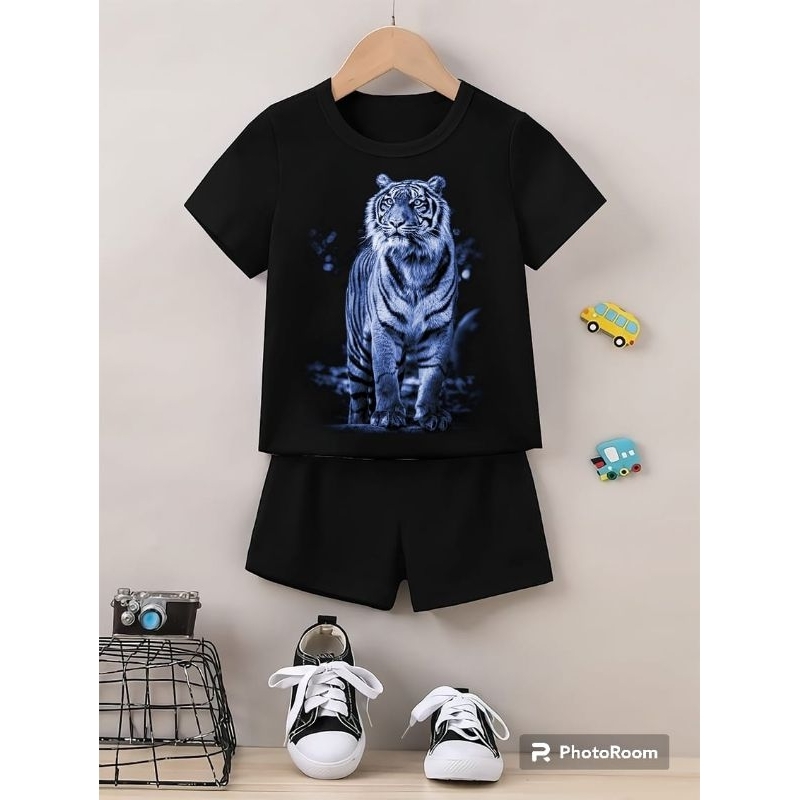 SETELAN KAOS ANAK MURAH GAMBAR MACAN BIRU MC 03 MOTIF DIGITAL PRINT TERBARU BAJU ANAK COWOK ONE SET 