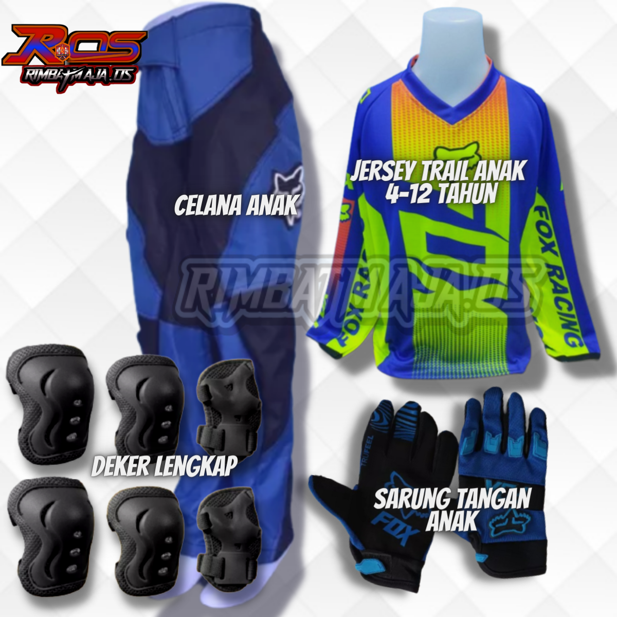 Jersey set motor Trail anak baju celana sarung tangan dan deker lengkap