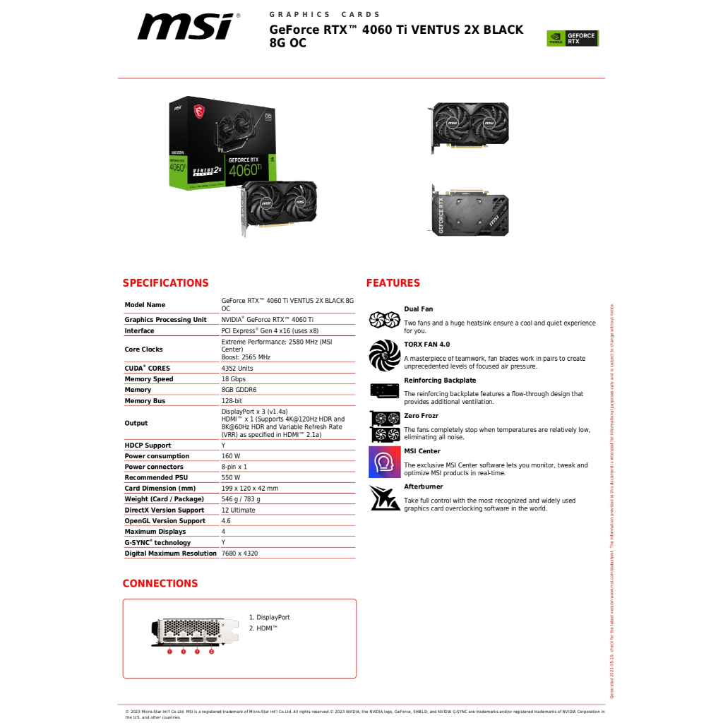 MSI Geforce RTX 4060 TI Ventus 2X Black 8G OC