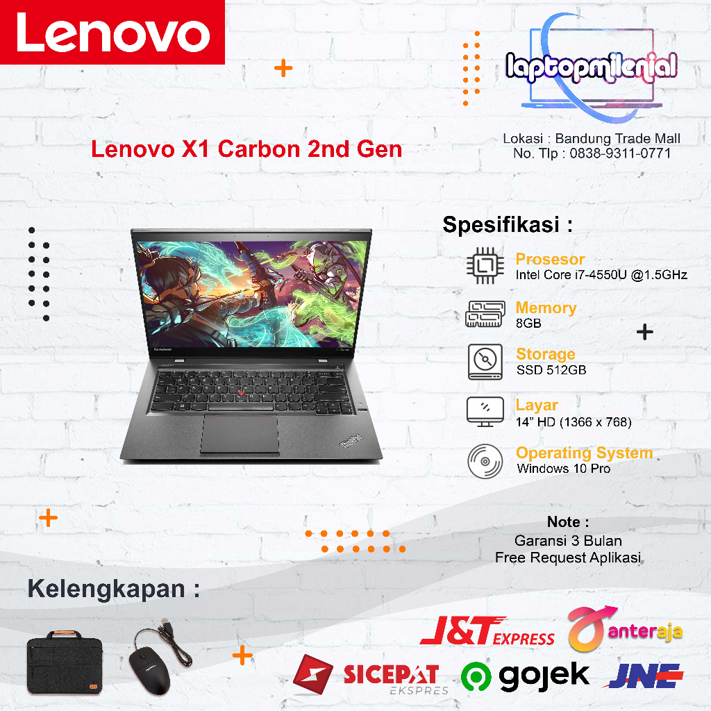 Lenovo X1 Carbon Intel Core i7 Gen 4 Ram 8GB SSD 256GB Layar Full HD Original Siap Pakai Bergaransi