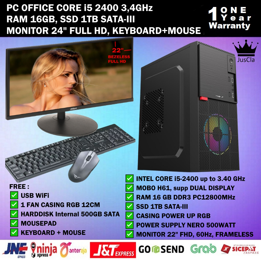 PC OFFICE FULLSET INTEL CORE i5-2400 3,4GHz|RAM 16GB|SSD 1TB|HDD 500GB|KEYBOARD+MOUSE USB|USB WIFI
