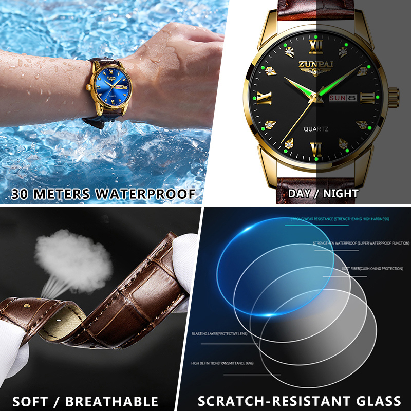 (Best) ZUNPAI Jam Tangan Pria Asli Anti Air Kalender Bercahaya Bisnis Baja Tahan Karat Emas Jam