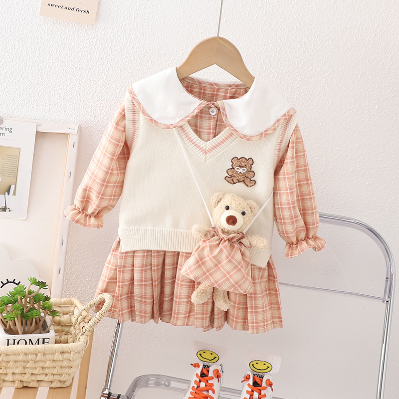 Mini Dress 3in1 Anak Perempuan Import Korean Style Setelan Rompi Rajut Kemeja Vest Baju Anak Cewek