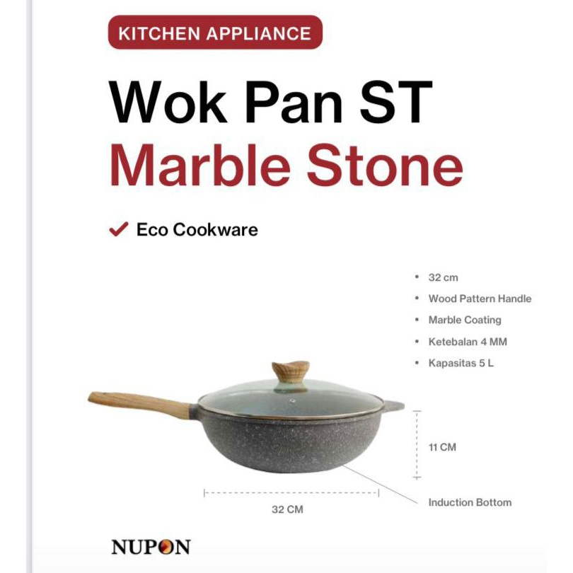 WOK PAN NUPON 32 CM MARBLE COATING - INDUCTION BOTTOM WOOD PATTERN - WOK GRANITE PFLUON WOOD KERAMIK PFLUON NEW