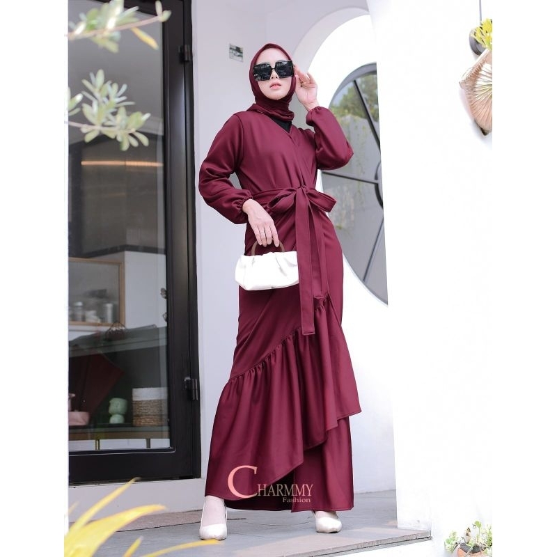 70800 Dress Saraswati Gamis Asimetris Duyung Slim Look Scuba Titanium