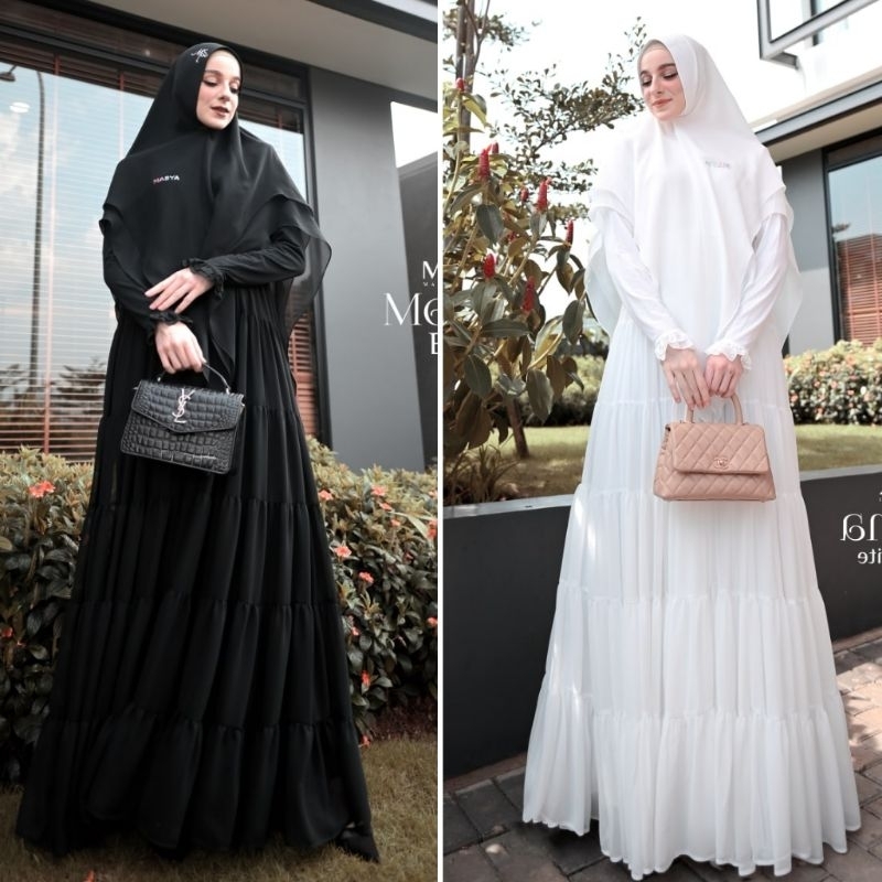 Set Gamis Dress Ceruty Babydoll Premium Syari Branded Broken White - Black - Putih - Hitam Mewah Mas