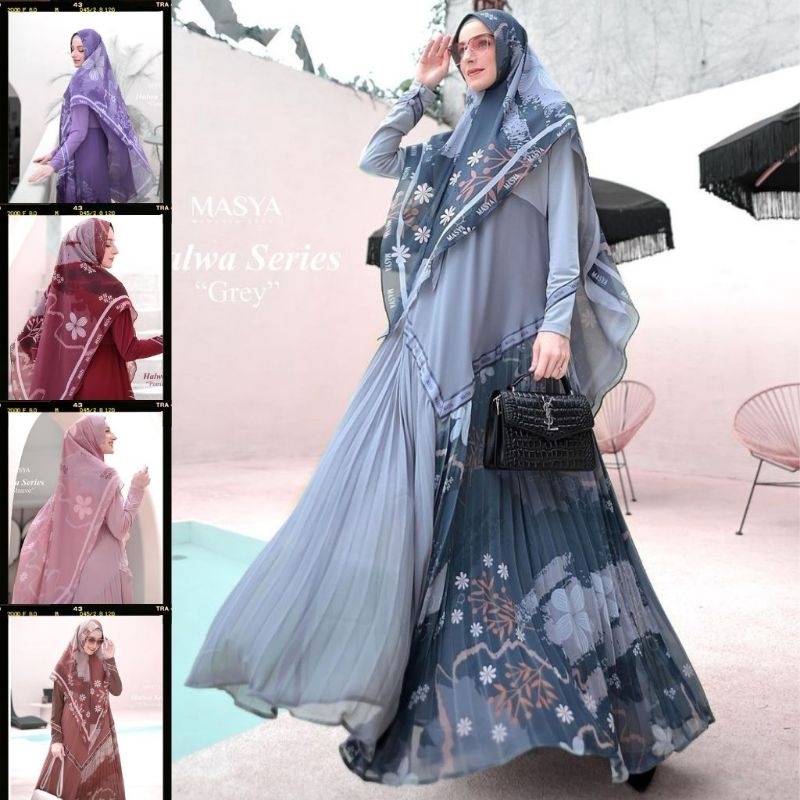 Set Gamis Dress Ceruty Babydoll Printing Premium Syari Branded Merah Maroon - Broken White - Ungu - 