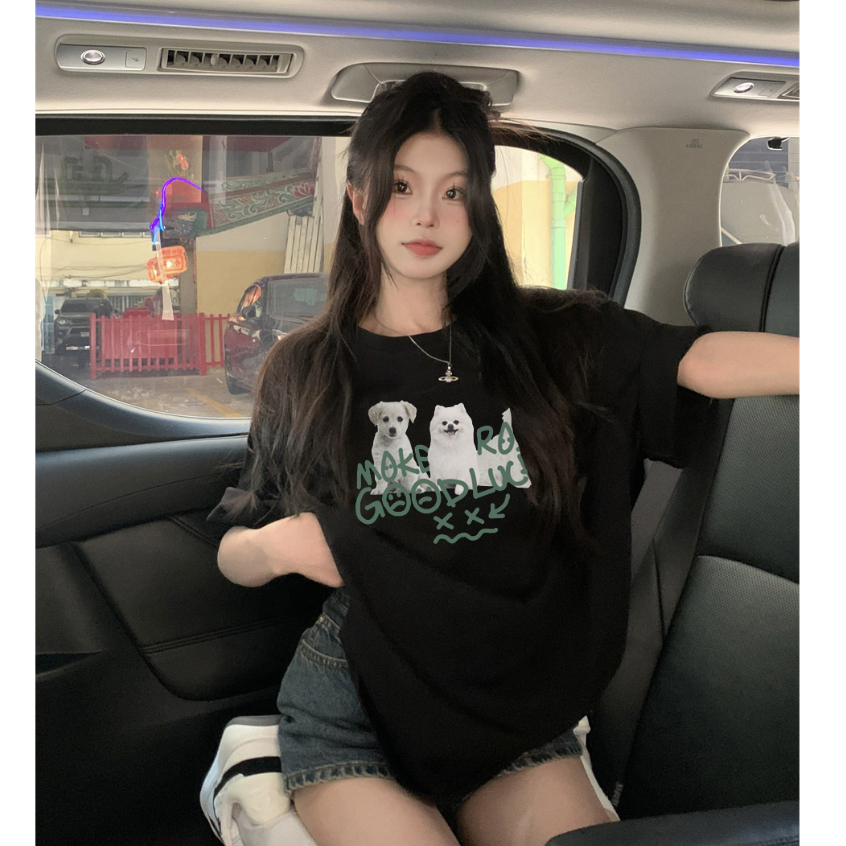 baju kaos wanita lengan pendek korean style cartoon animal graffiti print T-shirt import kaos hitam