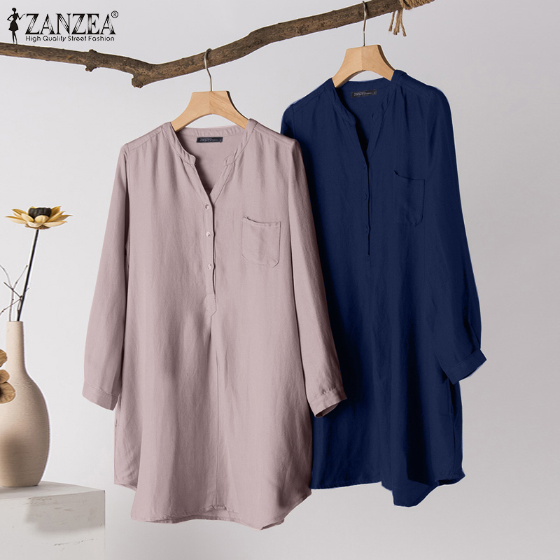 ZANZEA Women Simple Button V-neck Long Sleeve Solid Casual Loose Blouse