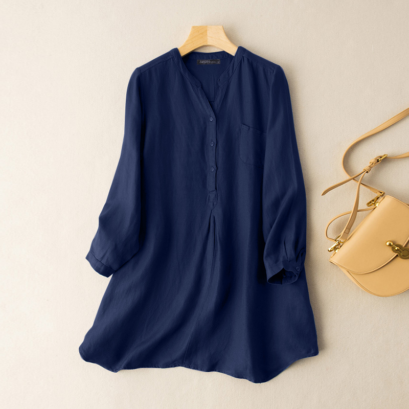 ZANZEA Women Simple Button V-neck Long Sleeve Solid Casual Loose Blouse