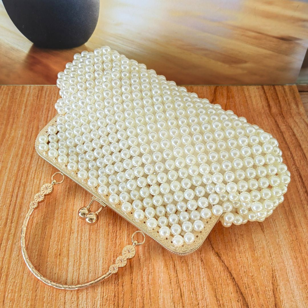 Tas Pesta Wanita Import Mewah Dompet Pesta Kondangan Mutiara Jahit Pearl Gagang Elegan 7006 KLIKSISTA