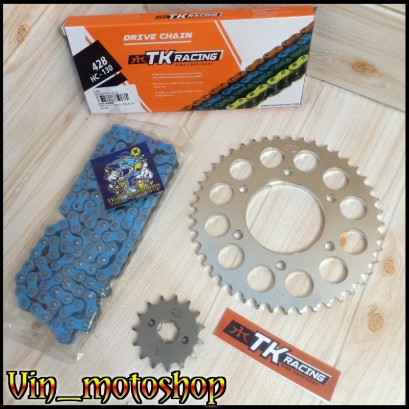 gear set Vixion R15 Byson Xabre 428 TK racing / SSS full set rantai TK racing biru 428HC