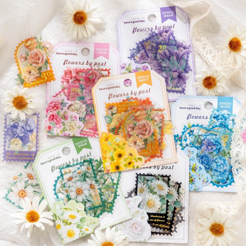 

30 Pcs/ Pack Sticker Bunga Vintage Flowers By Post Stamp Gold Plated 6