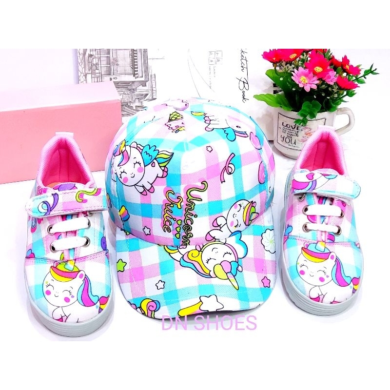 Paket Sneakers Anak Cewe Sepatu Sport Anak Perempuan Topi Anak Cewek Lucu Murah Karakter Unicorn Tosca Juice 1 - 7 tahun