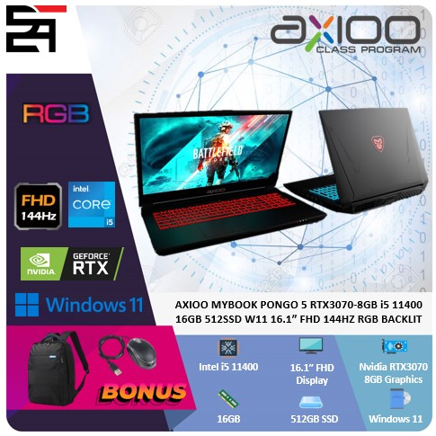 Axioo Mybook PONGO 5 RTX3070-8GB i5 11400 16GB 512GB SSD W11 16.1 Inchi FHD 144Hz RGB Backlit