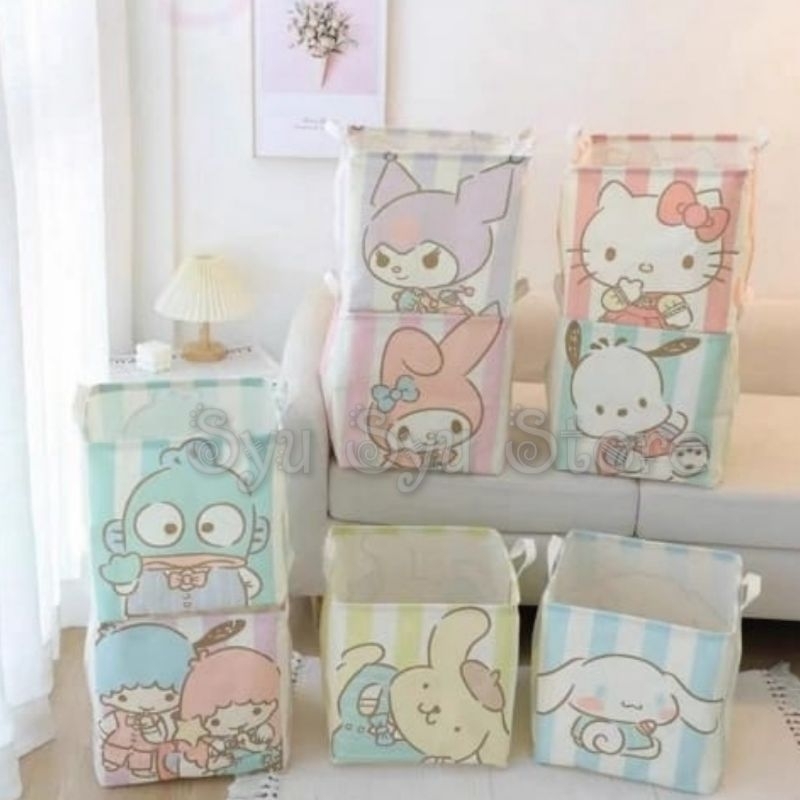 Storage Keranjang Box Lipat Kanvas Serbaguna Kuromi Cinnamoroll My Melody Hello Kitty Twin Stars Poc