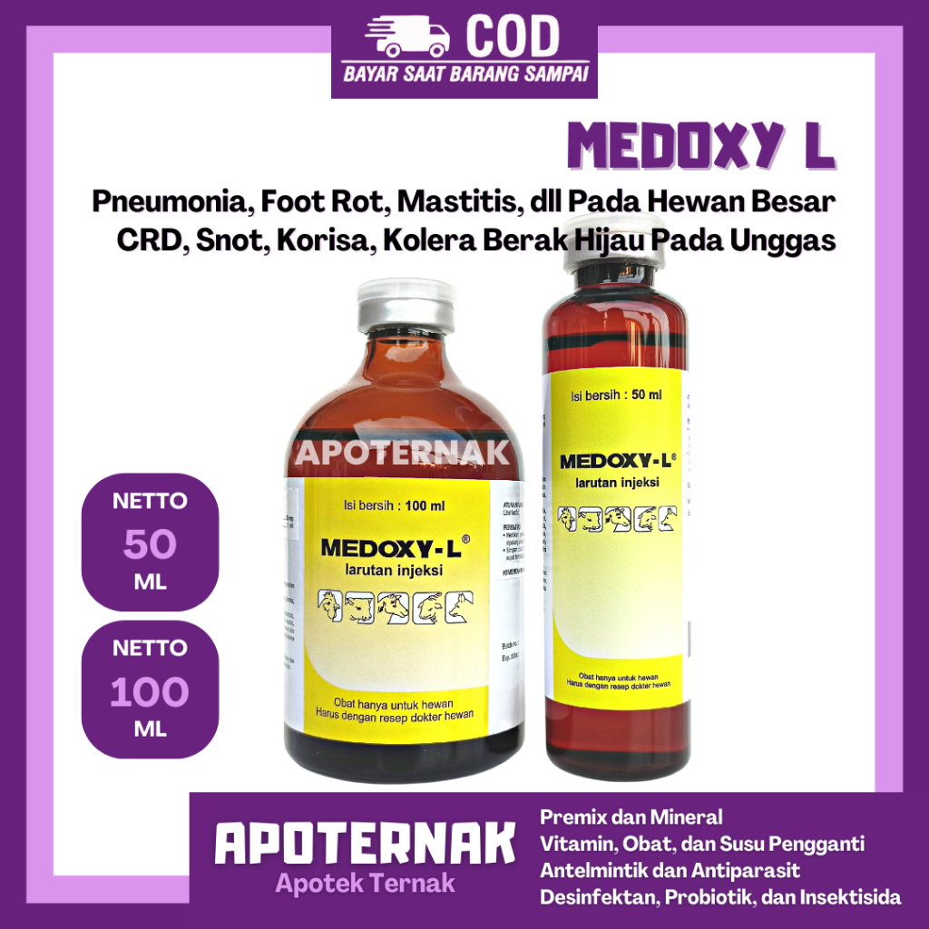 MEDOXY L 100 ml &amp; 50 ml | Obat Injeksi Untuk Ayam Kucing Sapi Domba Kuda Sakit Snot Ngorok CRD Berak Hijau | Medion